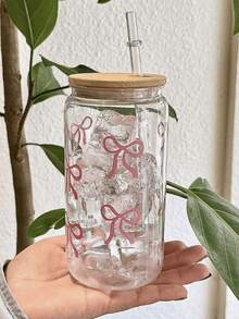 1 Piece Bow Printed Water Cup With Lid And Straw, 16 Oz Canned Water Cup, Ice Coffee Cup, Suitable For Tea, Juice, Milk, Birthday Gift, Suitable For Office, Restaurant, Classroom, Picnic, Party, Valentine's Day And New Year.