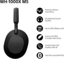 Fones de ouvido supra-auriculares sem fio Sony WH-1000XM5 com cancelamento de ruído premium, Bluetooth, qualidade de chamada nítida, áudio de alta resolução, bateria com duração de até 30 horas, inclui capa rígida, iOS e Android - Preto - Preto - Ver 2
