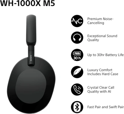  Sony WH-1000XM5 Premium Noise Cancelling Wireless Over-Ear Headphones, Bluetooth, Clear Call Quality, Hi-Res Audio, Up To 30hr Battery Life, Includes Hard Case, IOS & Android - Black