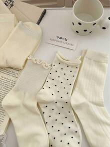 4 Pairs Women's Cute Polka Dot&Ruffles Comfortable Casual Crew Mid Calf Socks, White Socks, Colors Random, Suitable For Daily Use, For Spring&Summer