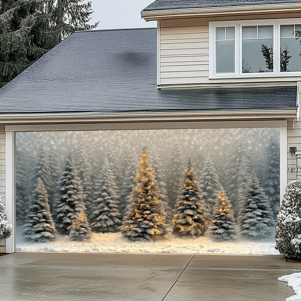 1 pieza Pancarta 2D de árbol de Navidad nevado en bosque para puerta de garaje, escena de maravilla invernal - Decoración colgante de poliéster, decoración exterior para pared de vacaciones