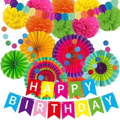 Kit de decoración para fiesta de cumpleaños, pancarta de feliz cumpleaños de colores, abanicos de papel, pompones, decoraciones de fiesta arcoíris, remolinos colgantes, guirnalda de papel para decoración de cumpleaños, boda y fiesta mexicana