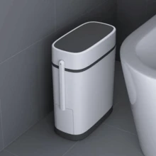 14L Slim Plastic Waste Bin With Built-In Toilet Brush - Default - View 1