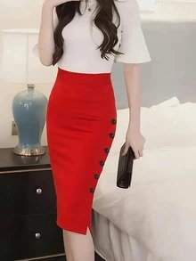 Elegant Side Button High Waist Pencil Skirt, Suitable For Christmas, Autumn/Winter - Red - View 2