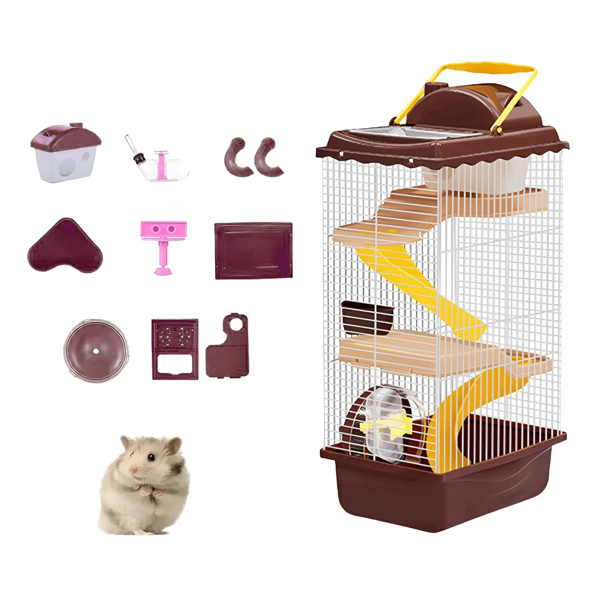 Jaula para hámster de 4 niveles con tobogán y botella de agua, ruedas de ejercicio para una entrada rápida y fácil. - Marrón - Ver 1