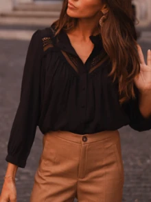 大码女式衬衫，纯色，精致蕾丝拼接细节，精致浪漫优雅黑色春季衬衫 - 黑色 - 查看 4