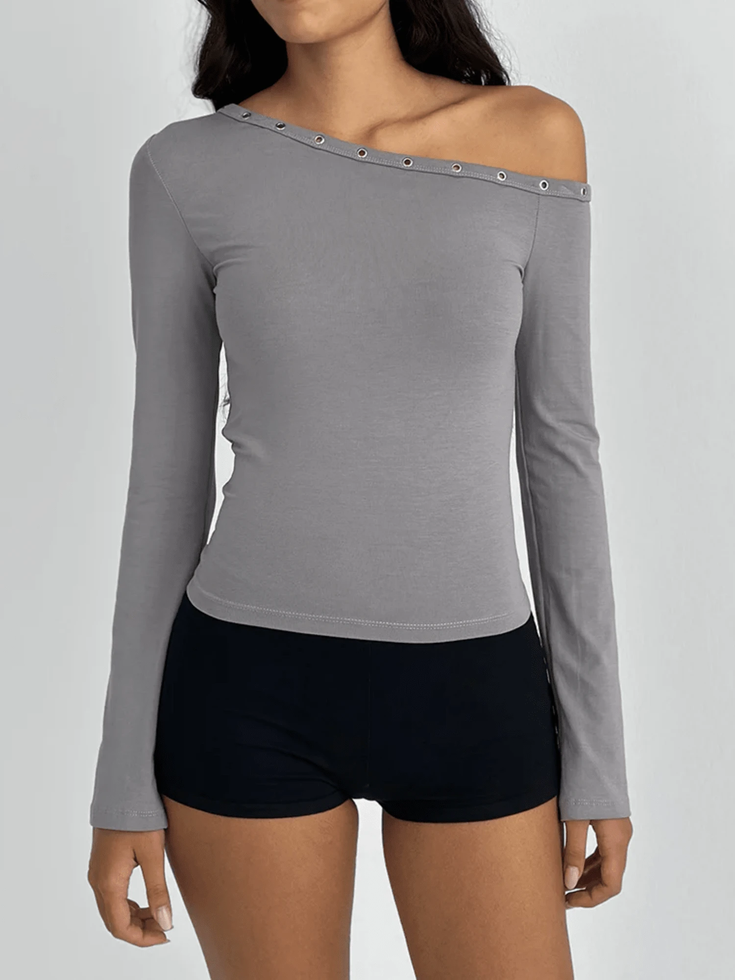 Women Asymmetric Neckline Long Sleeves Top Oblique Collar Stretch Slim Fit Shirts Off Shoulder Tee Casual Outfits - 深灰色 - 查看 1