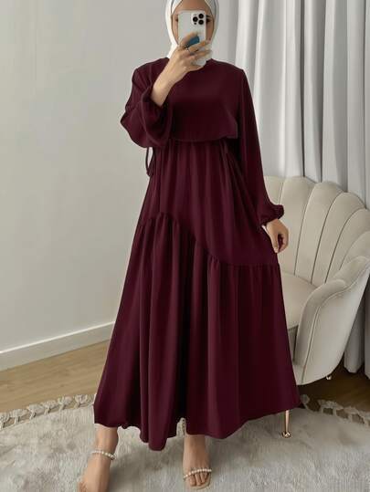 Women's Solid Color Tie Waist Ruffle Hem Long Dress, Round Neck Button Front Fitted Long Sleeve Dress, Suitable For Dates, Vacations, Holidays And Casual Home Wear, Autumn/Winter/Spring
