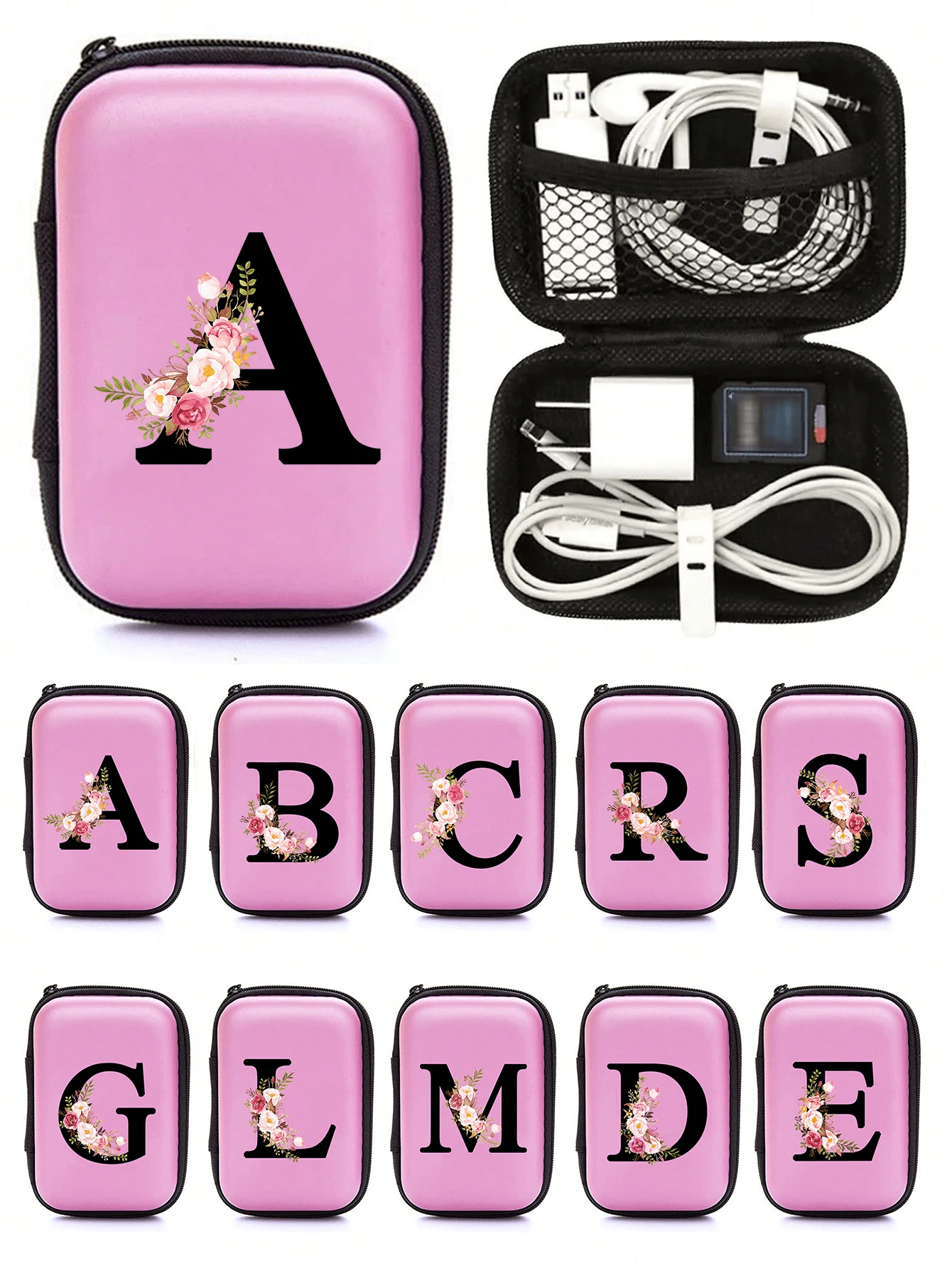 粉色EVA材质A-Z字母收纳包，印有粉白花卉图案，非常适合收纳旅行数据线、USB线、电子配件、音乐节耳机等电子产品，是旅行、工作、学校、宿舍的理想之选，也是教师节的绝佳礼物。 - 彩色 - 查看 1