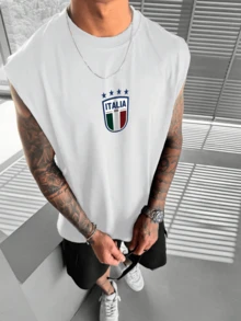 男士休闲无袖上衣，创意图案，圆领健身训练打底衫，宽松街头风，可外穿或内搭 - 白色 - 查看 2