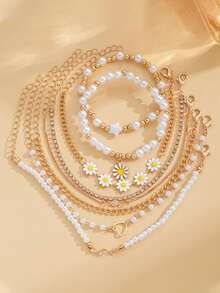 Set de 8 piezas de pulseras bohemias con cuentas y perlas, pulseras con encantos de margaritas creativas para niñas - Multicolor - Ver 4