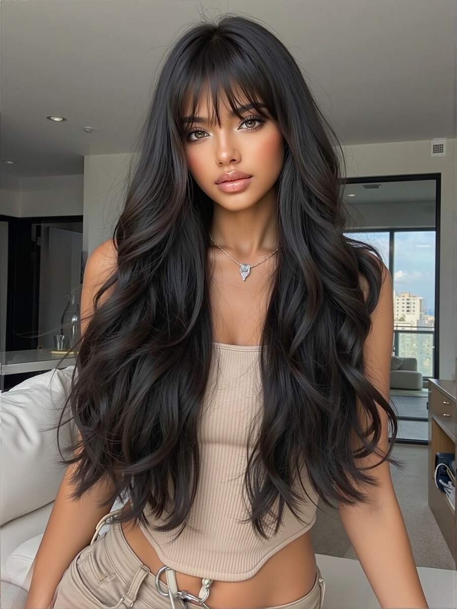 26 Inch Long Curly Wigs With Bangs Black Wavy Wigs For Women Synthetic Wigs For Girls Daily Party Use Black Heat Resistant Long Curly Wave Wig - Black - View 1