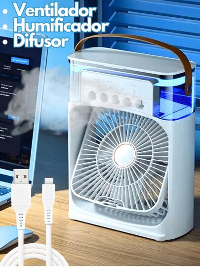 Ventilador portátil recargable, ventilador de enfriamiento de escritorio, humidificador de rociado de 5 orificios, puede agregar cubitos de hielo y agua, luz de atmósfera de ventilador de doble cabezal, se puede llevar con usted, adecuado para el dormitorio del hogar, la oficina, el exterior