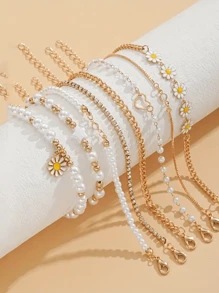 Set de 8 piezas de pulseras bohemias con cuentas y perlas, pulseras con encantos de margaritas creativas para niñas - Multicolor - Ver 3