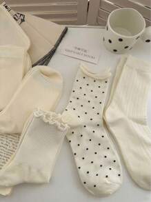 4 Pairs Women's Cute Polka Dot&Ruffles Comfortable Casual Crew Mid Calf Socks, White Socks, Colors Random, Suitable For Daily Use, For Spring&Summer