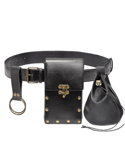 4PCS/Set Unisex Vintage Medieval Viking Belt Faux Leather Belt Pouch Renaissance Accessories Viking Leather Waist Bag Medieval Bag Faire Larp Cosplay Props