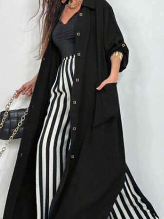 Plus Size Casual Solid Color Long Slit Pocket Jacket