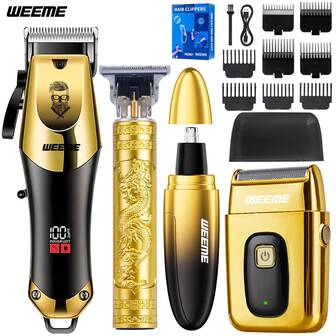  WEEME 4pcs/3pcs/1pc Men's Electric Grooming Set – Includes Cordless Hair Clipper, Engraving Scissors, Precision Beard Trimmer, Nose Hair Trimmer & Electric Shaver, USB Rechargeable Kit With Guide Combs, Ideal For Home Haircuts, Daily Shaving, And Full-Body Grooming