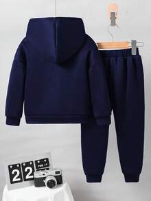 Toddler Letter Print Warm Hoodie Sweatshirt And Pants Set - Royal Blue - View 2