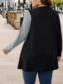 Áo thun dài tay cổ tròn dáng rộng, thời trang, phối màu độc đáo với hàng cúc phía trước. - Xám đậm - Xem 5