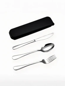 4pcs Portable Stainless Steel Cutlery Set, Including Spoon, Fork, Knife, Suitable For Picnic, Work, Camping, School Travel, With Black Storage Box, Dishwasher - Black - View 4