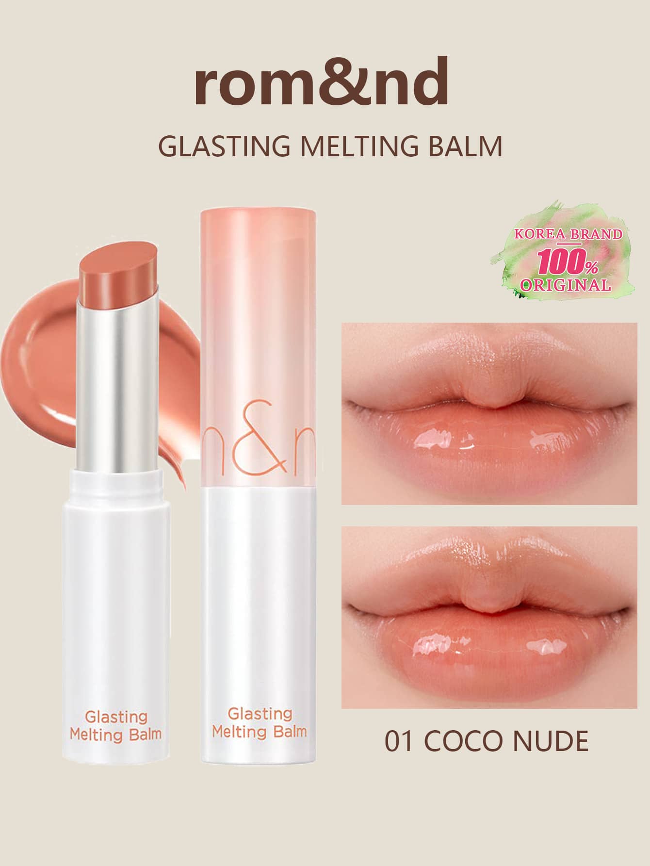 Rom&nd Romand GLASTING MELTING BALM 柔霧融化唇膏 No.01 3.5g/0.12oz,柔滑融化薄膜質地,溫柔透亮光澤色,便攜口袋尺寸,輕盈舒適日常護唇,韓美妝,Olive Young,禮物 - 玻璃01 - 查看 1