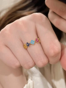 1pc Elegant Sparkling S925 Sterling Silver Four-Leaf Clover Petal Ring, Inlaid With Cubic Zirconia, Colorful Shiny Luxurious Jewelry Gift For Women