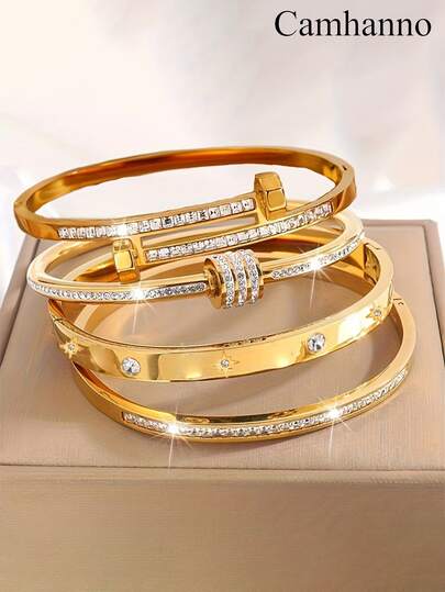 Camhanno 4件套优雅不锈钢手链套装，完美节日礼物，男女皆宜的百搭配饰，经久耐用的多功能手链