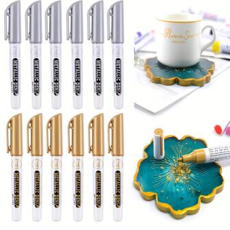 2pcs Marker Pens, Epoxy Resin Drawing Pens, DIY Silicone Molds, Marker Pens, Handmade, Ergonomic Silver & Gold Plastic Pens, Greeting Cards, Invitations, Crafts