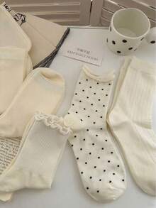 4 Pairs Women's Cute Polka Dot&Ruffles Comfortable Casual Crew Mid Calf Socks, White Socks, Colors Random, Suitable For Daily Use, For Spring&Summer - Multicolor - View 2