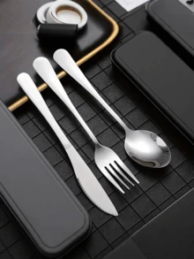 4pcs Portable Stainless Steel Cutlery Set, Including Spoon, Fork, Knife, Suitable For Picnic, Work, Camping, School Travel, With Black Storage Box, Dishwasher - Black - View 5