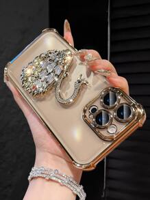 奢华电镀透明金色手机壳，带创意天鹅支架，水钻闪光 Y2k 风格，防摔，防掉落，夏季新款时尚硅胶防震保护软壳，兼容 16 16e 15 14 13 12 11 X XS XR 8 7 Plus Pro Max Mini、Samgsung Galaxy S24 S25 Ultra、兼容小米 Redmi、兼容华为 Honor OPPO Reno MOTO Infinix Women 2025