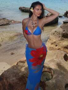 3pcs/Set Summer Floral Print Spaghetti Strap Bikini Set & Skirt For Women Vacation Beach - Multicolor - View 2