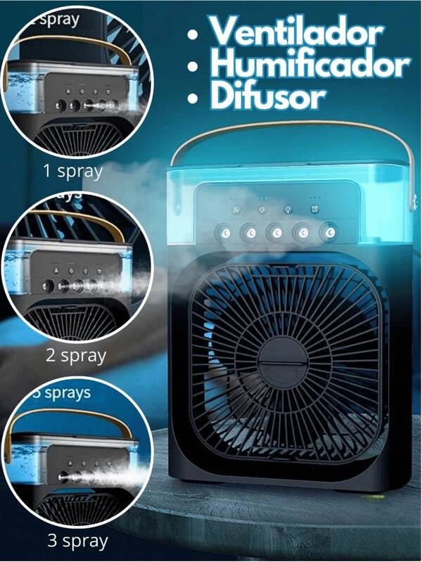 Ventilador portátil recargable, ventilador de enfriamiento de escritorio, humidificador de rociado de 5 orificios, puede agregar cubitos de hielo y agua, luz de atmósfera de ventilador de doble cabezal, se puede llevar con usted, adecuado para el dormitorio del hogar, la oficina, el exterior