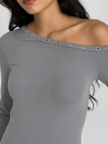 Women Asymmetric Neckline Long Sleeves Top Oblique Collar Stretch Slim Fit Shirts Off Shoulder Tee Casual Outfits - 深灰色 - 查看 3