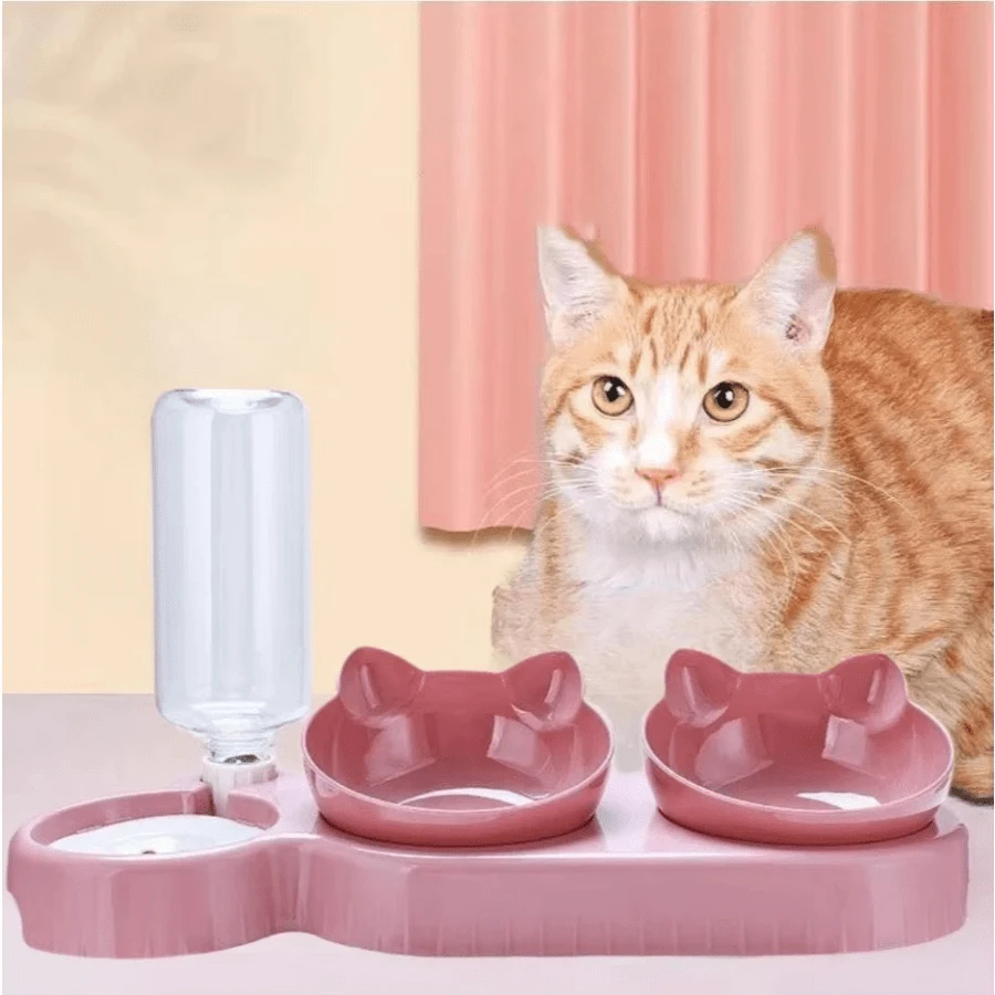 Elevated Pet Feeder Automatic Drinker With Triple Limiter - Pink - View 1