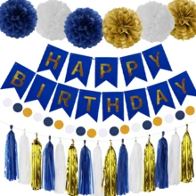 Decoraciones de cumpleaños para hombres, kit de decoraciones de fiesta de cumpleaños en azul marino, dorado y blanco - Pancarta, globos, pompones de papel, remolinos, guirnalda de borlas, decoración para bodas, obsequios para despedida de soltera, suministros para fiesta de revelación de género, suministros para fiestas festivas, decoraciones de aniversario, decoraciones de 70 cumpleaños, decoraciones de 18 cumpleaños, decoraciones de Halloween, Acción de Gracias, Navidad - Juego de borlas azules y doradas - Ver 2
