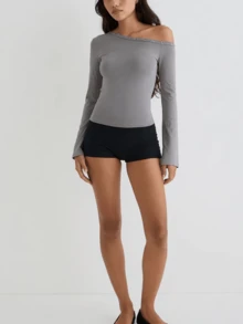 Women Asymmetric Neckline Long Sleeves Top Oblique Collar Stretch Slim Fit Shirts Off Shoulder Tee Casual Outfits - 深灰色 - 查看 4