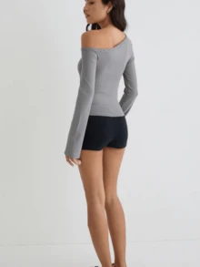 Women Asymmetric Neckline Long Sleeves Top Oblique Collar Stretch Slim Fit Shirts Off Shoulder Tee Casual Outfits - 深灰色 - 查看 5