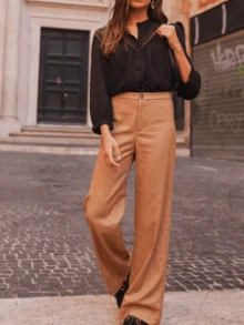 大码女式衬衫，纯色，精致蕾丝拼接细节，精致浪漫优雅黑色春季衬衫 - 黑色 - 查看 8