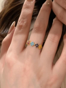 1pc Elegant Sparkling S925 Sterling Silver Four-Leaf Clover Petal Ring, Inlaid With Cubic Zirconia, Colorful Shiny Luxurious Jewelry Gift For Women