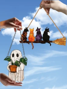 1-Piece Cute Ghost & Plant Acrylic Halloween Window Decoration, Spooky Haunted House Vibe – With 4 Random Cat Lanyards & Chains For Easy Hanging, For Halloween Party & Haunted House Decor