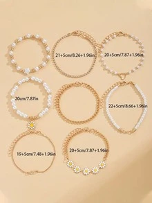 Set de 8 piezas de pulseras bohemias con cuentas y perlas, pulseras con encantos de margaritas creativas para niñas - Multicolor - Ver 6