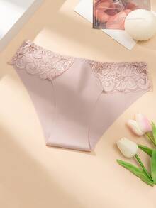 4pcs Women's Solid Color Sexy Lace Trim Seamless Breathable Low-Rise Briefs