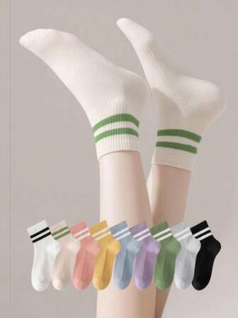 9双装女中筒简约双筒薄款韩版运动防臭袜百搭舒适吸汗透气外出散步防滑高跟踝袜开学