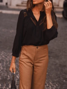 大码女式衬衫，纯色，精致蕾丝拼接细节，精致浪漫优雅黑色春季衬衫 - 黑色 - 查看 9