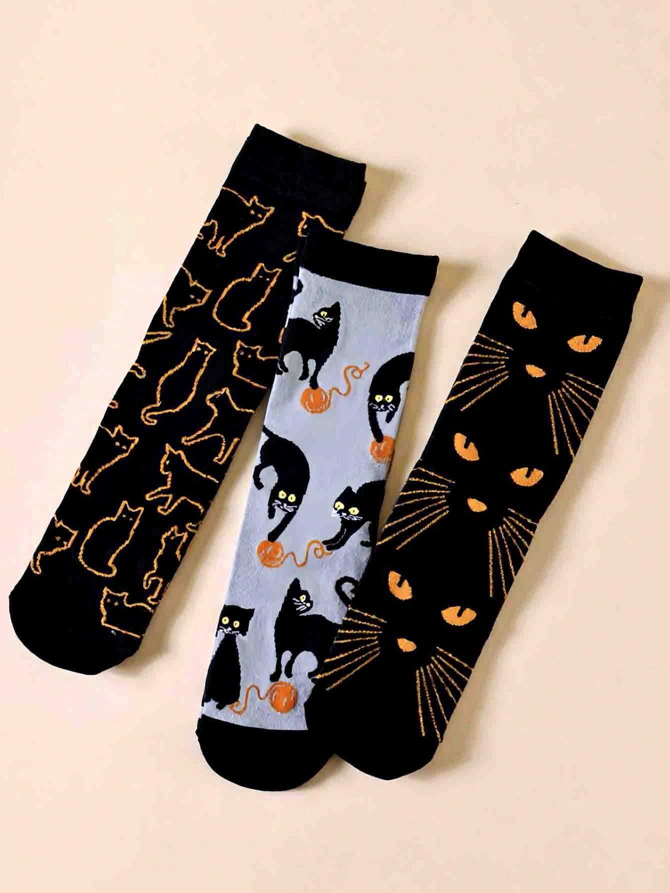3 Pairs Men's Socks, Cute Cartoon Black Cat Design Suitable For Halloween, Funny & Streetwear Men's Mid-Calf Socks, Fall Socks