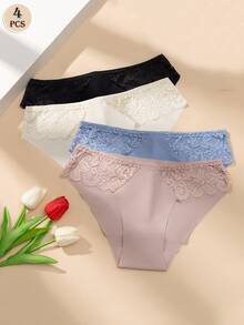 4pcs Women's Solid Color Sexy Lace Trim Seamless Breathable Low-Rise Briefs