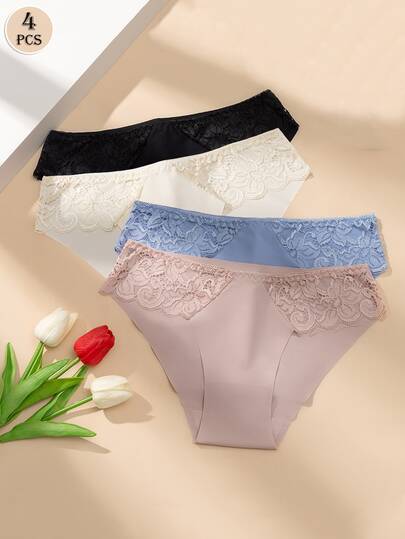 4pcs Women's Solid Color Sexy Lace Trim Seamless Breathable Low-Rise Briefs