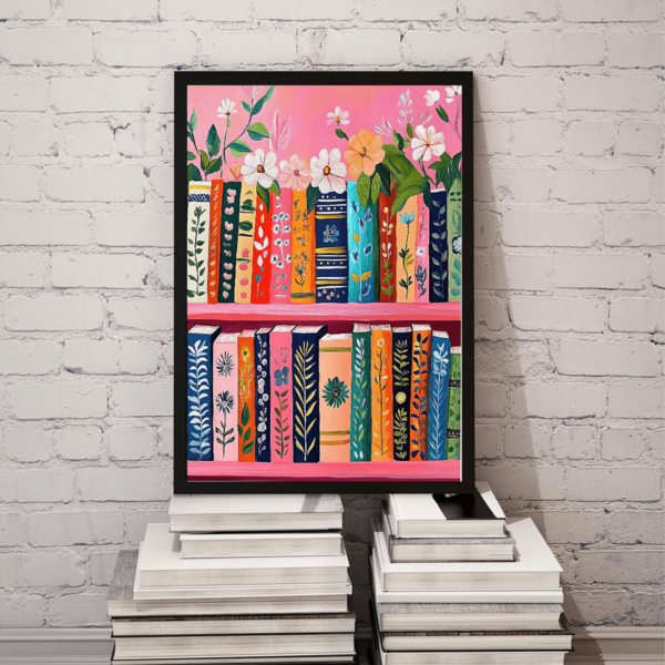 1pc Floral Bookshelf Wall Art _ Vibrant Floral Bookshelf _ Playful Plant Spine Decor _ Cozy Reading Nook, Wall Arts, Posters, Wall Art With Frame, Room Decor, Wall Art, Room Decor Aesthetics, Vintage Decor, Living Room Wall Art - Canvas (Optional Frame)
